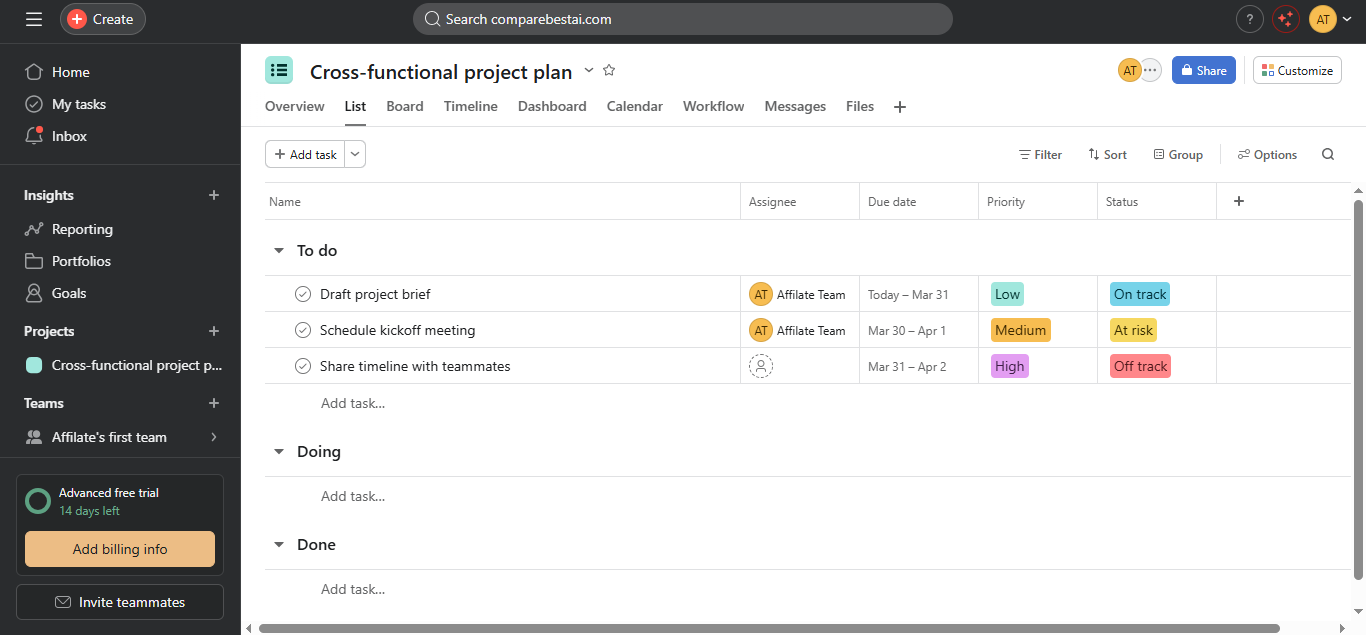 Asana (AI) product screenshot
