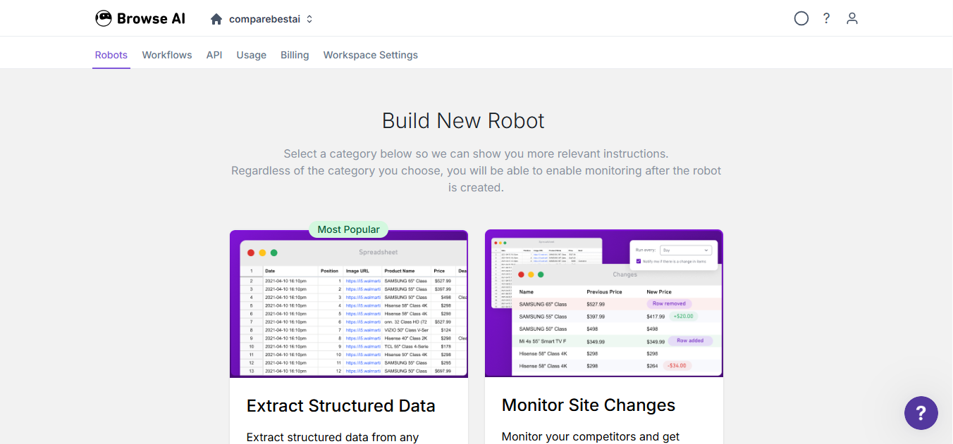 Browse AI product screenshot