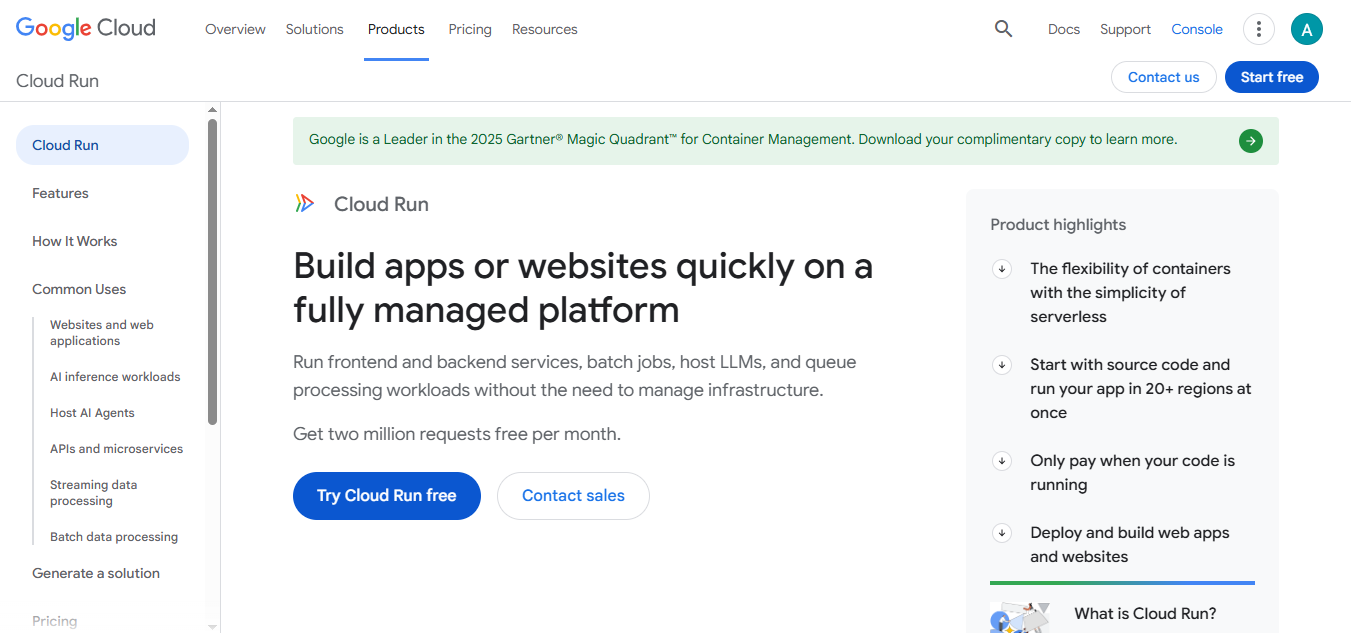Google Cloud Run product screenshot