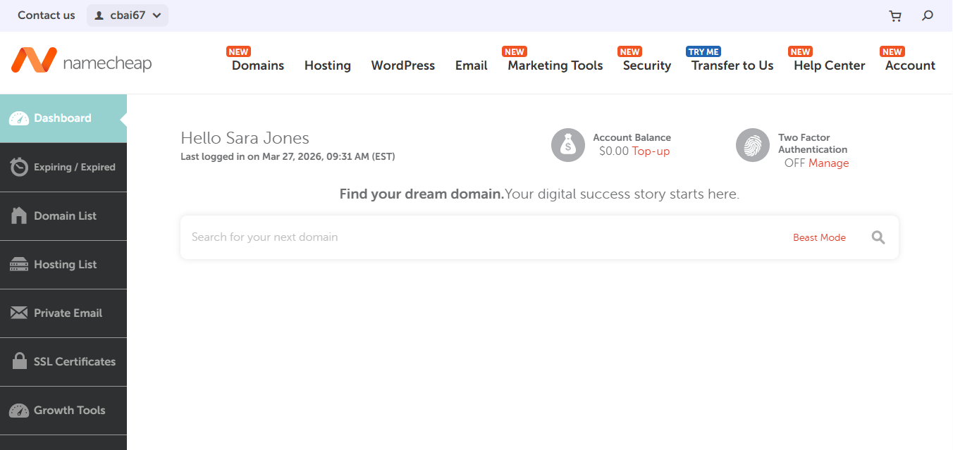 Namecheap Hosting product screenshot