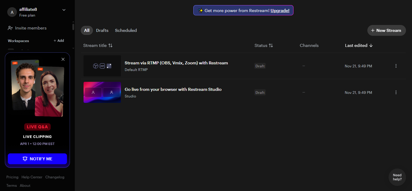 Restream (AI) product screenshot