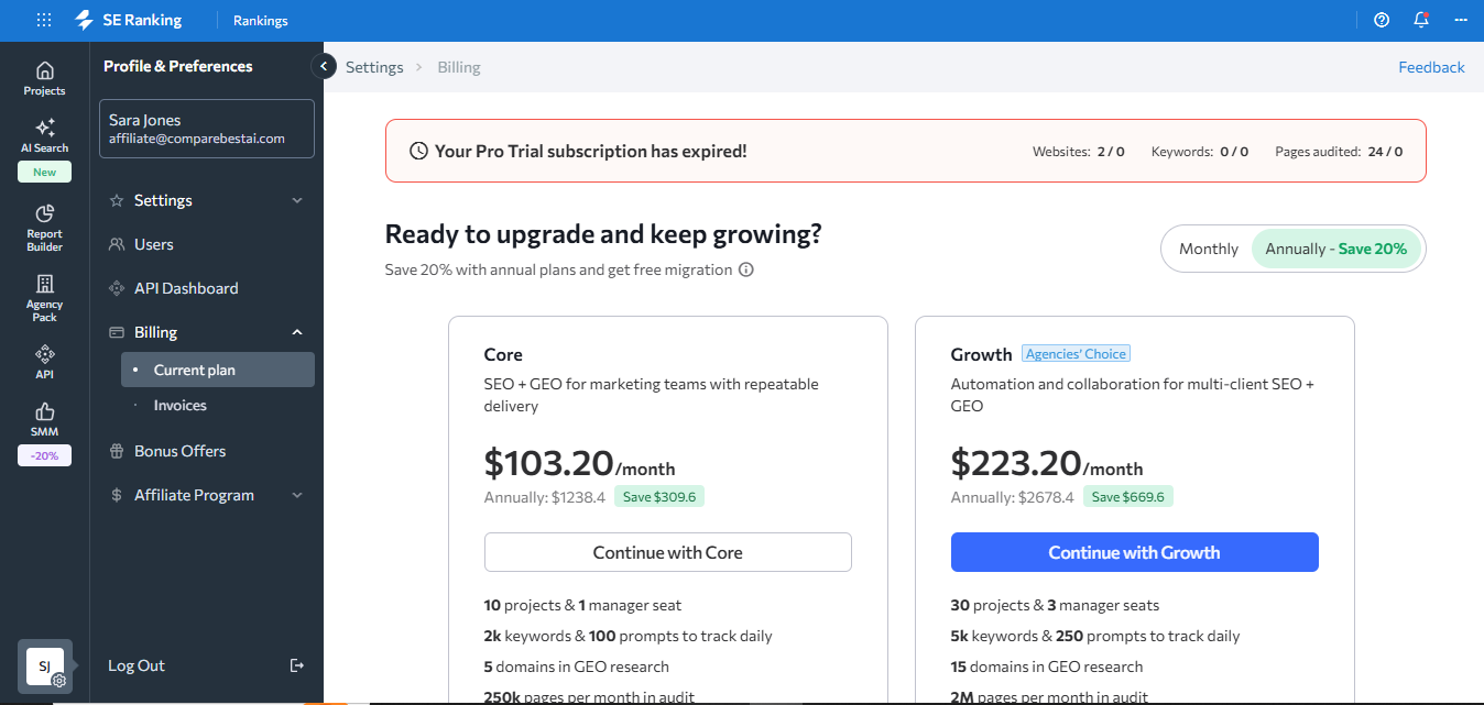 SE Ranking (AI) product screenshot