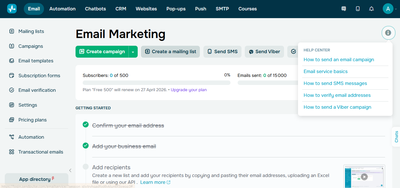 SendPulse (AI) product screenshot
