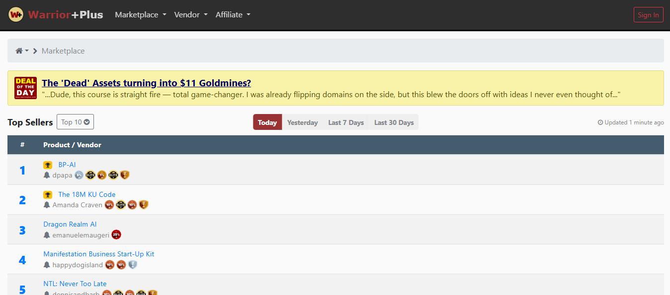 WarriorPlus product screenshot