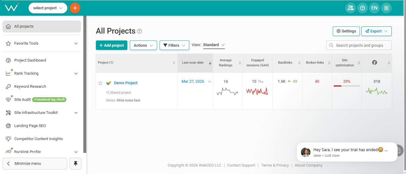 WebCEO (AI) product screenshot