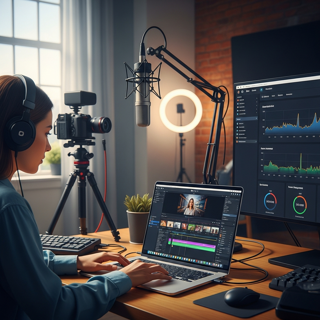 Illustration of a digital content creator using Veo 3.1 on a laptop to produce video content faster for multiple channels.