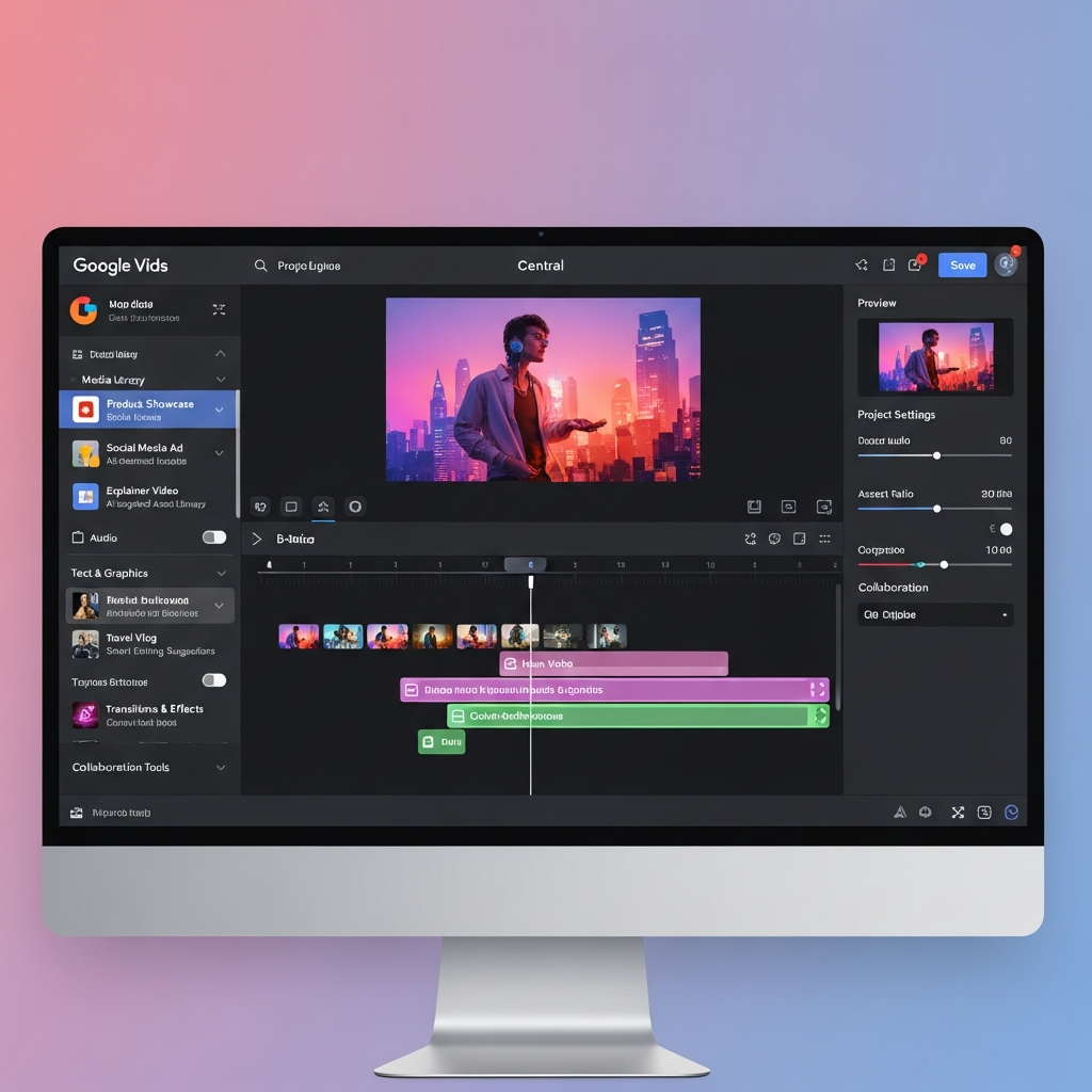 Infographic showing how to use Google Vids AI tools for collaborative video creation in business workflows.