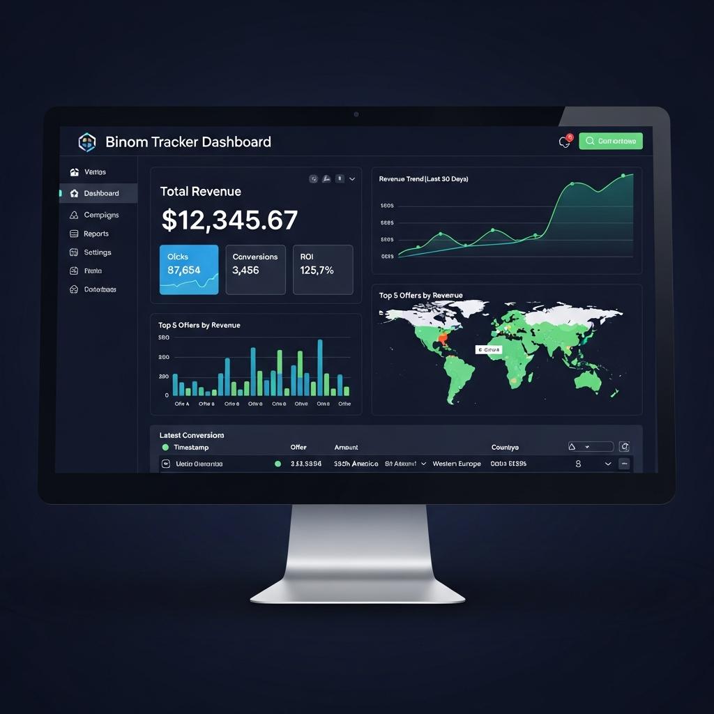 Dashboard showing Binom Tracker campaign performance metrics and optimization analytics in 2026, tailored for affiliate marketers.