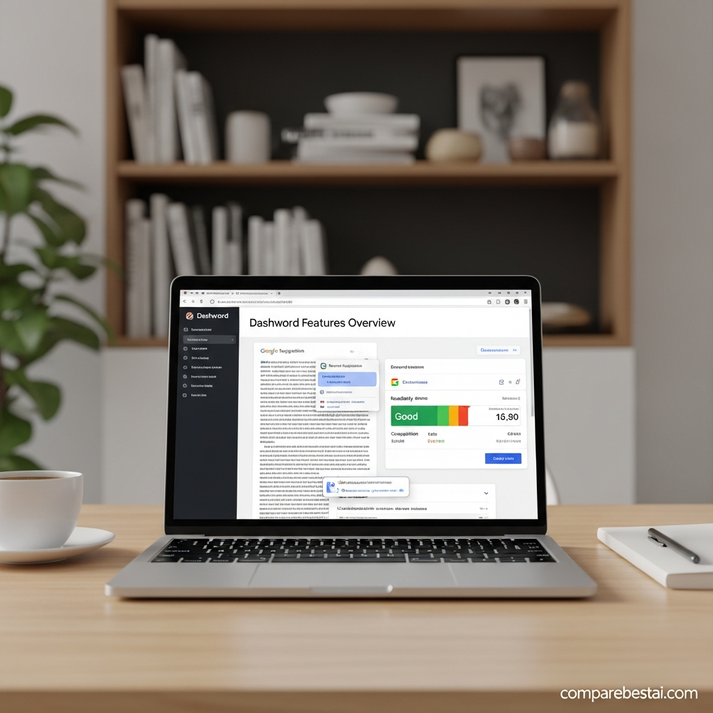 Comparison graphic showing Dashword and Surfer SEO features, scores, and user interface details for AI-powered SEO content optimization in 2026.