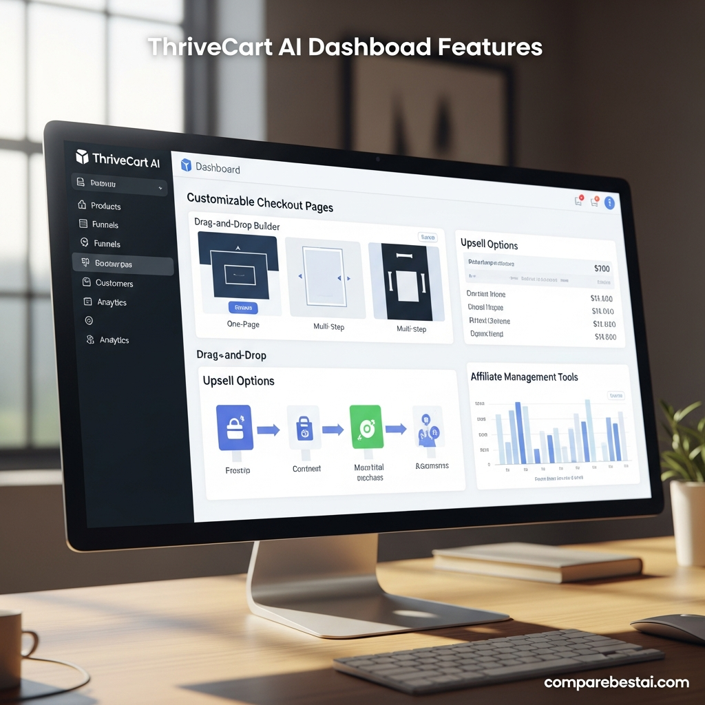 Comparison table showing Thrivecart (ai), SamCart, and Gumroad features, pricing, and suitability for digital product and course sellers