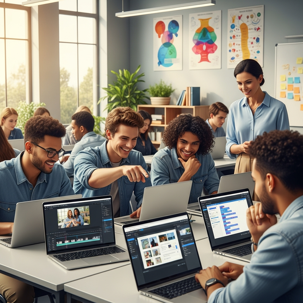 A teacher and students collaborating over LTX Studio workflow for education video production, showing dashboard and AI script tool.