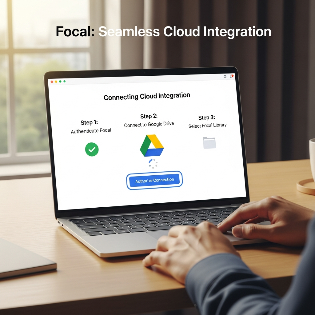 Step-by-step screenshot showing how to connect Focal to Google Drive, including selecting folders and syncing files automatically for business workflows.