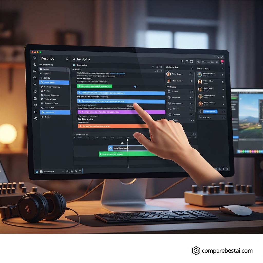 Step-by-step process of how to use Descript AI video editing with a screenshot of transcript, drag-and-drop interface, and Overdub function.
