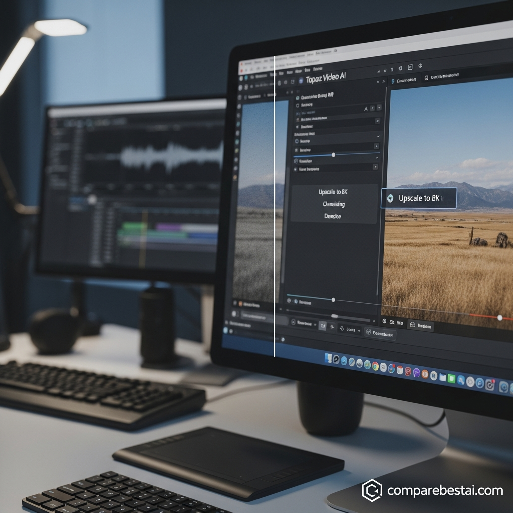Topaz Video Ai interface showing 4K upscaling workflow for professional video editors and content creators.