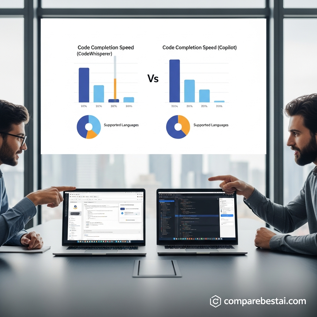 Visual diagram detailing Amazon Codewhisperer's key AI-powered features for code completion, AWS security scanning, and developer workflow enhancements.