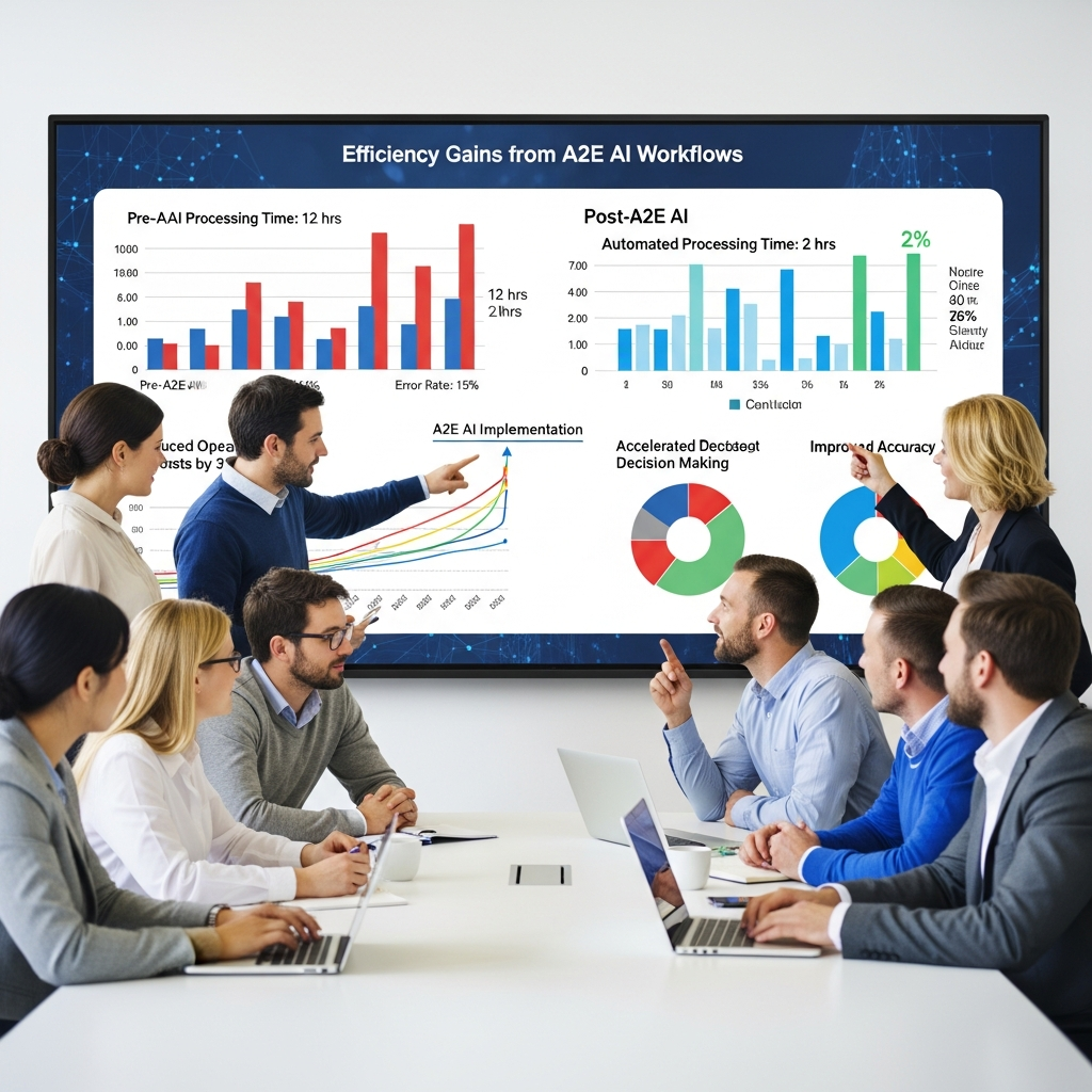Graphic showing the benefits of A2E AI automations and workflow integrations for business teams