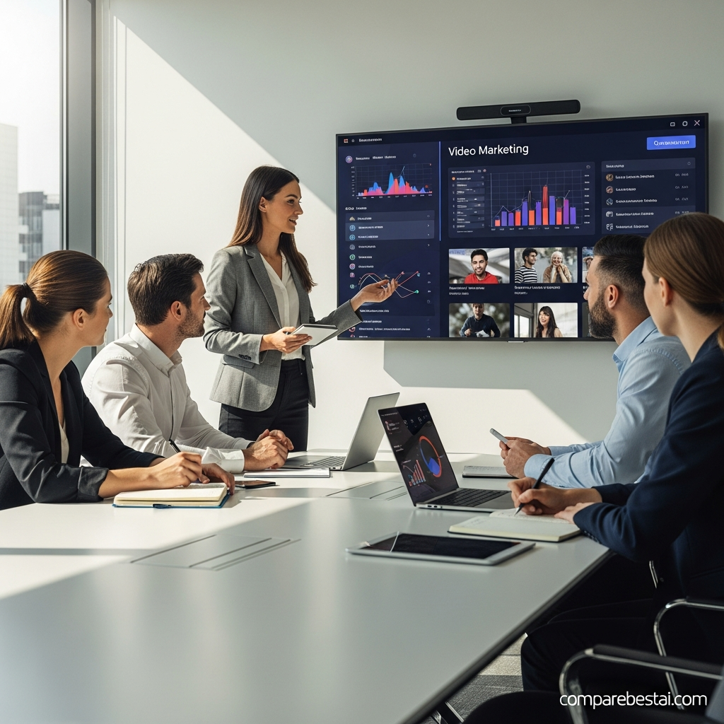 Illustration of business teams benefiting from Focal AI in video production, including marketing, training, and collaboration scenarios.