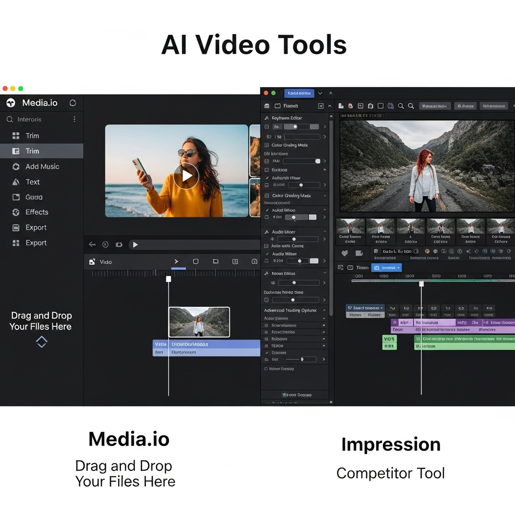 Screenshot showing the main features of Ai Video By Media.io: template selection, AI text-to-video, multilingual AI voiceover, and export options.