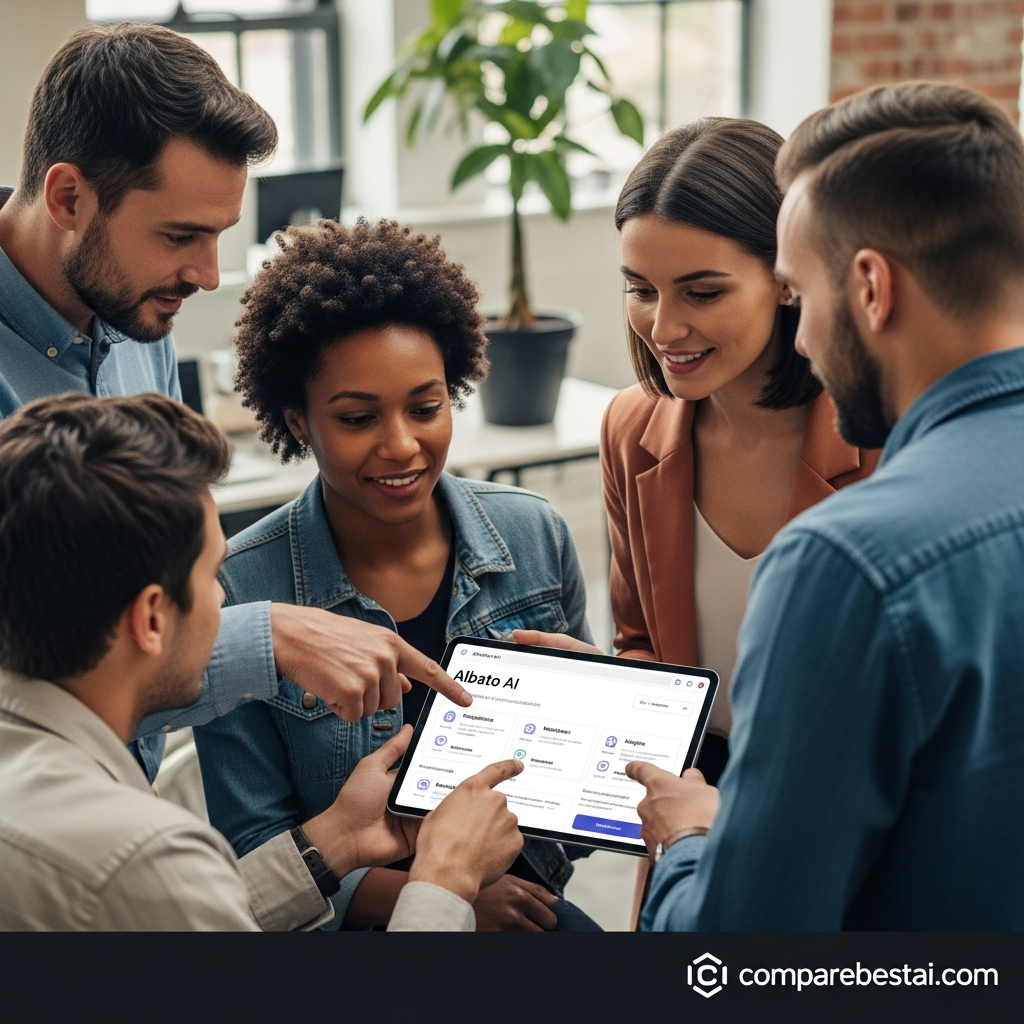 Key features of Albato (ai) highlighted in visual form, including AI-driven workflow builder, integrations, secure automation, and collaboration tools in 2026.