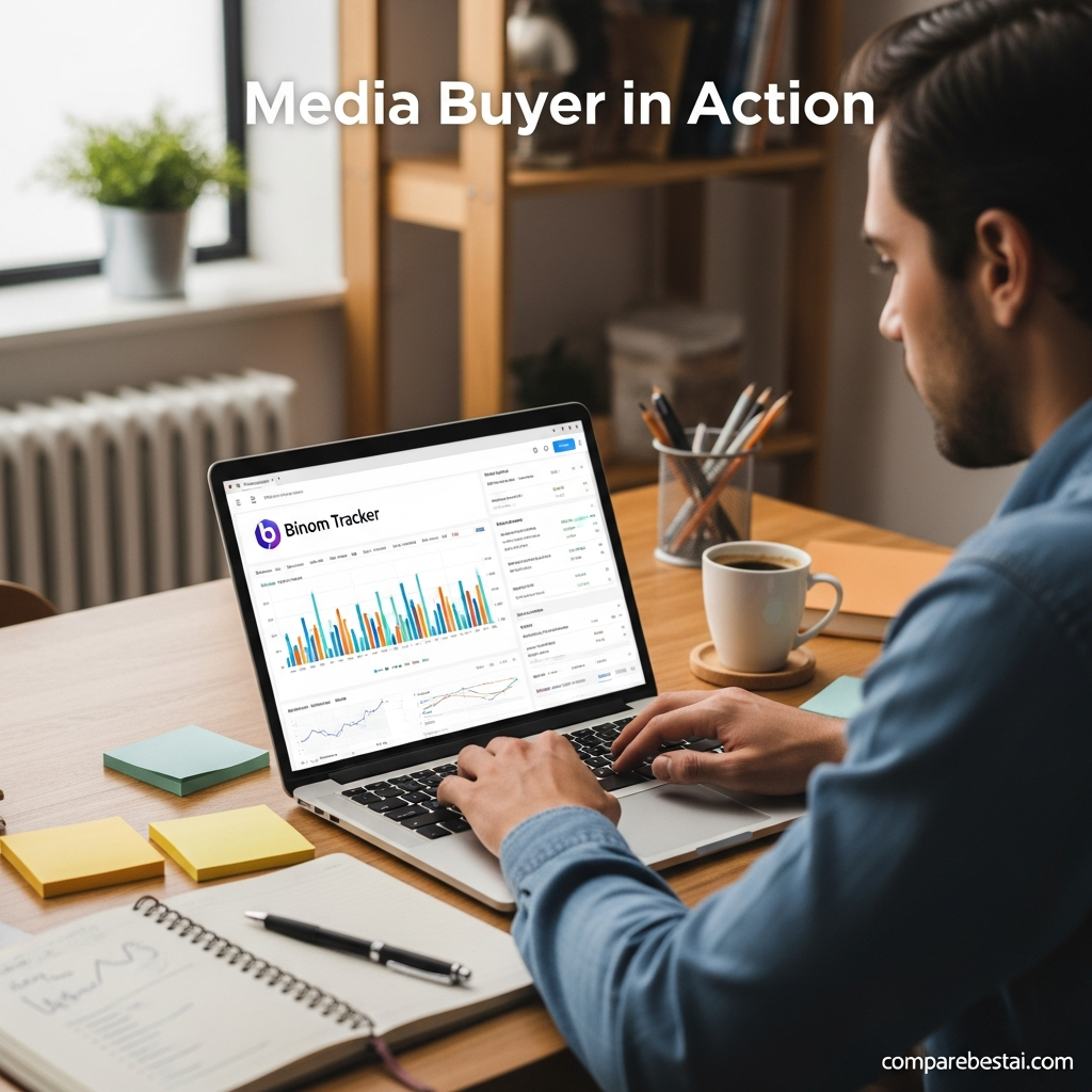 Interface displaying key Binom Tracker features: custom reporting, automation rule setup, and integration panel for affiliate tracking in 2026.