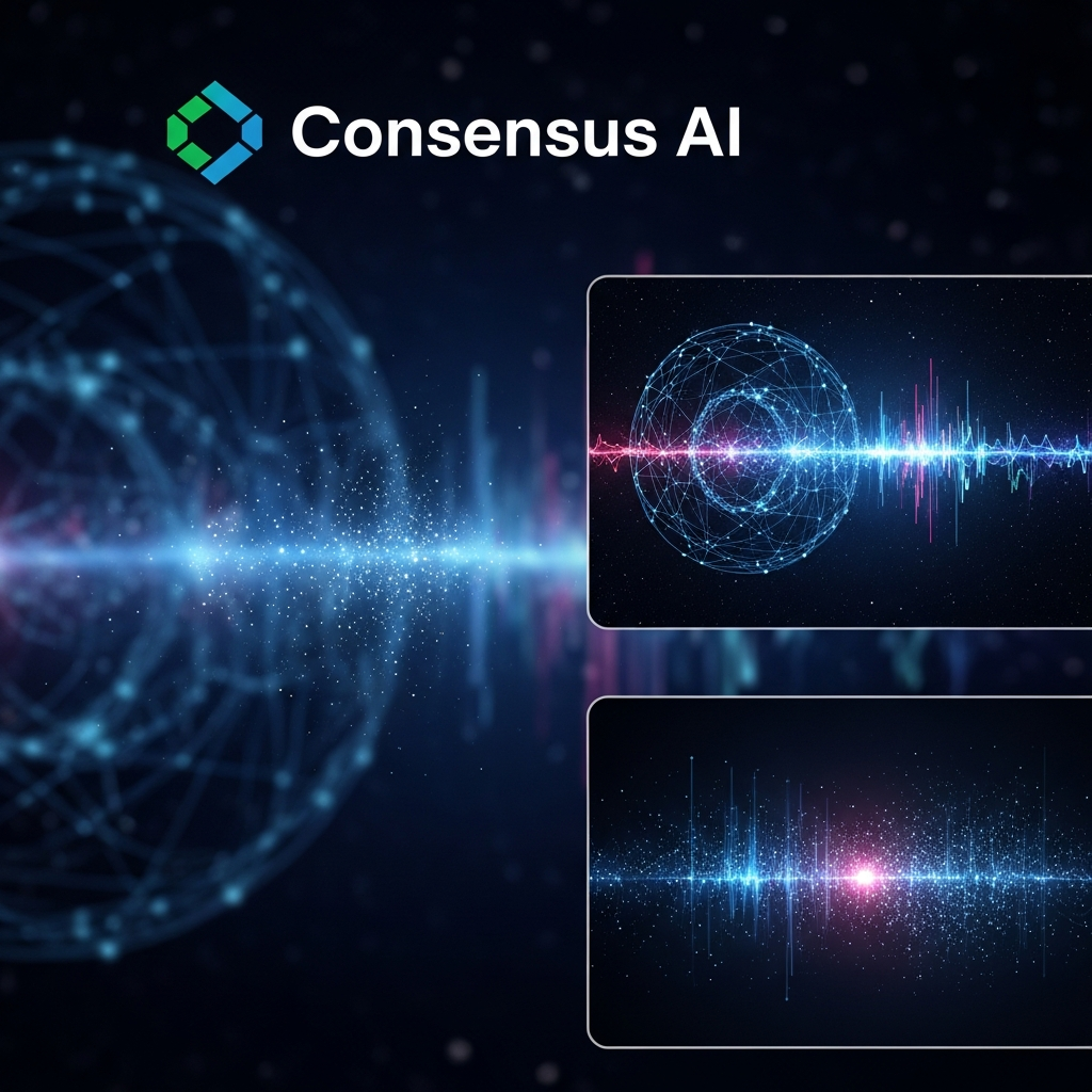 Screenshot of key features in Consensus AI, showing AI-powered scientific answers, the Consensus Meter, and Google Docs integration.