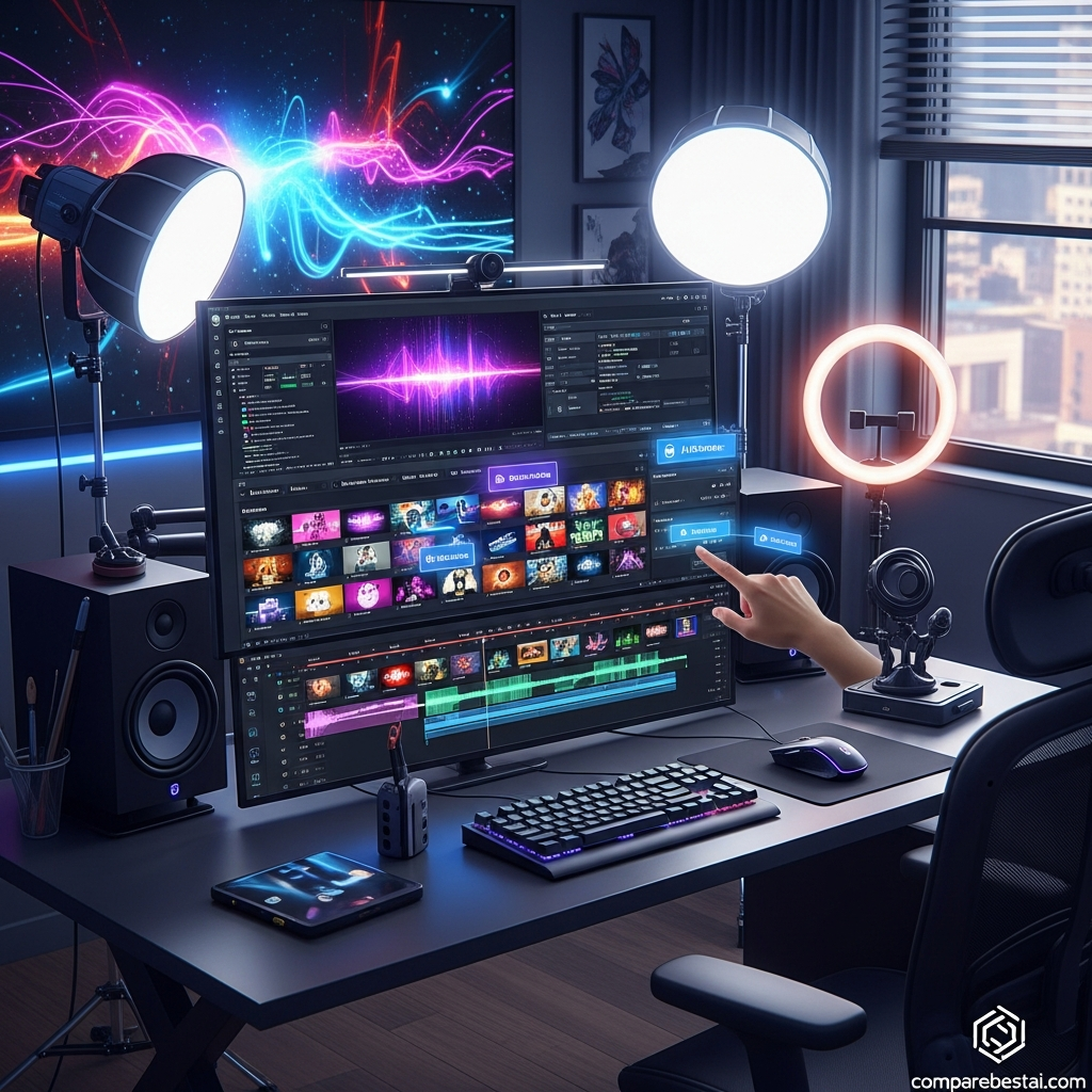 Visual breakdown of key Rotor Videos features including AI video automation, music sync tools, smart templates, and brand kits