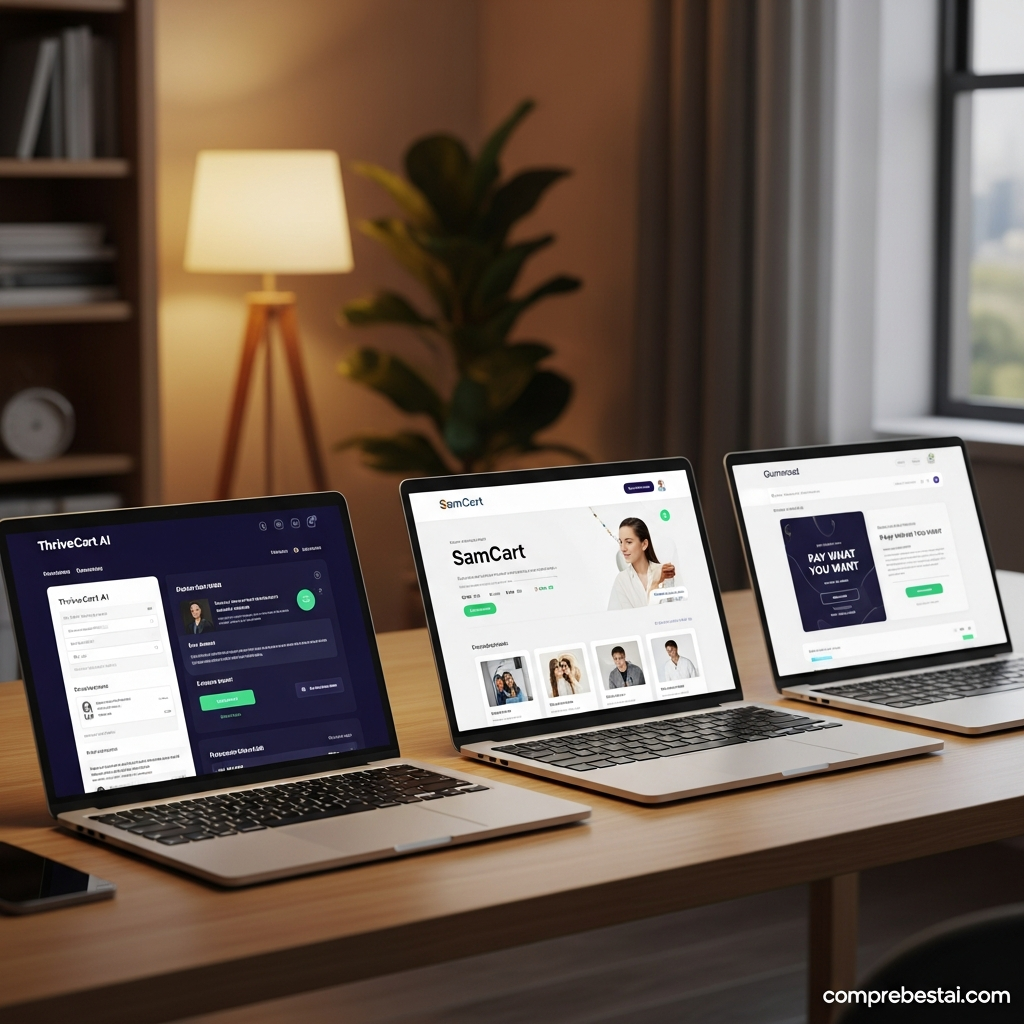 Visual breakdown of Thrivecart (ai) key features including checkout customization, order bumps, affiliate management, and AI-powered automations