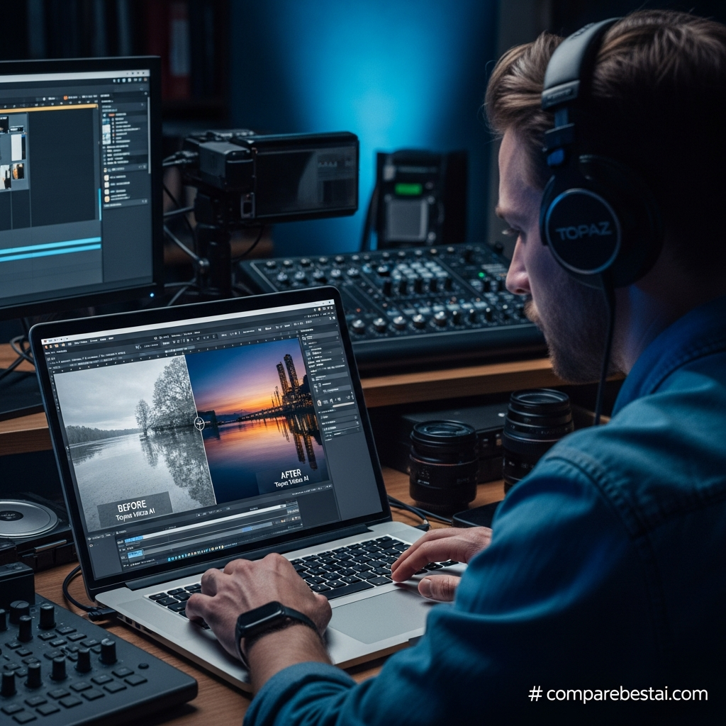 Topaz Video Ai features dashboard, highlighting video upscaling, denoising, stabilization, and frame interpolation tools for post-production.