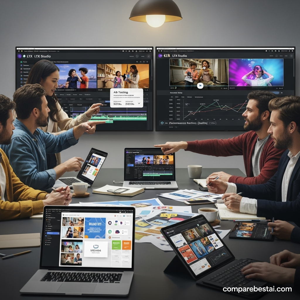 A marketing team brainstorming video campaign scenarios using LTX Studio's campaign storyboard tool and automated editing features.