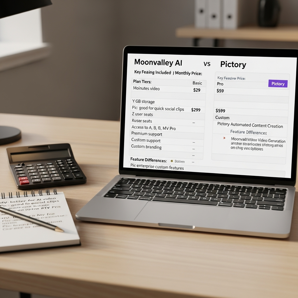 Detailed chart showing pricing plans and included features for Moonvalley AI and Pictory as of July 2026.