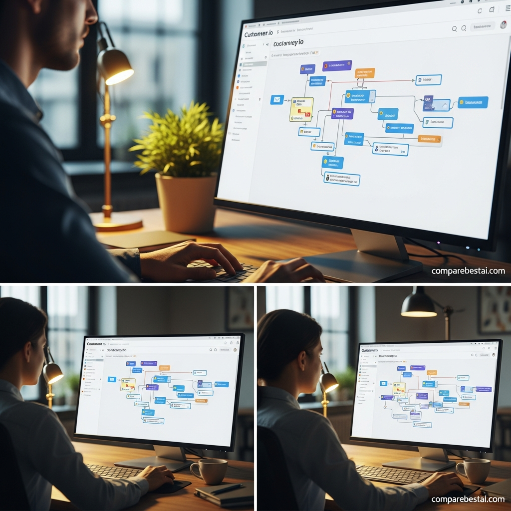 Infographic summarizing the pros and cons of Customer.io behavioral messaging platform including automation, integration, and usability factors for business teams.