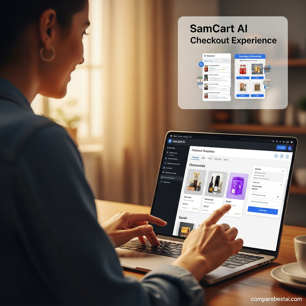 Screenshot describing the pros and cons of Samcart (ai) features, including AI upsells, affiliate tracking, and checkout customization.