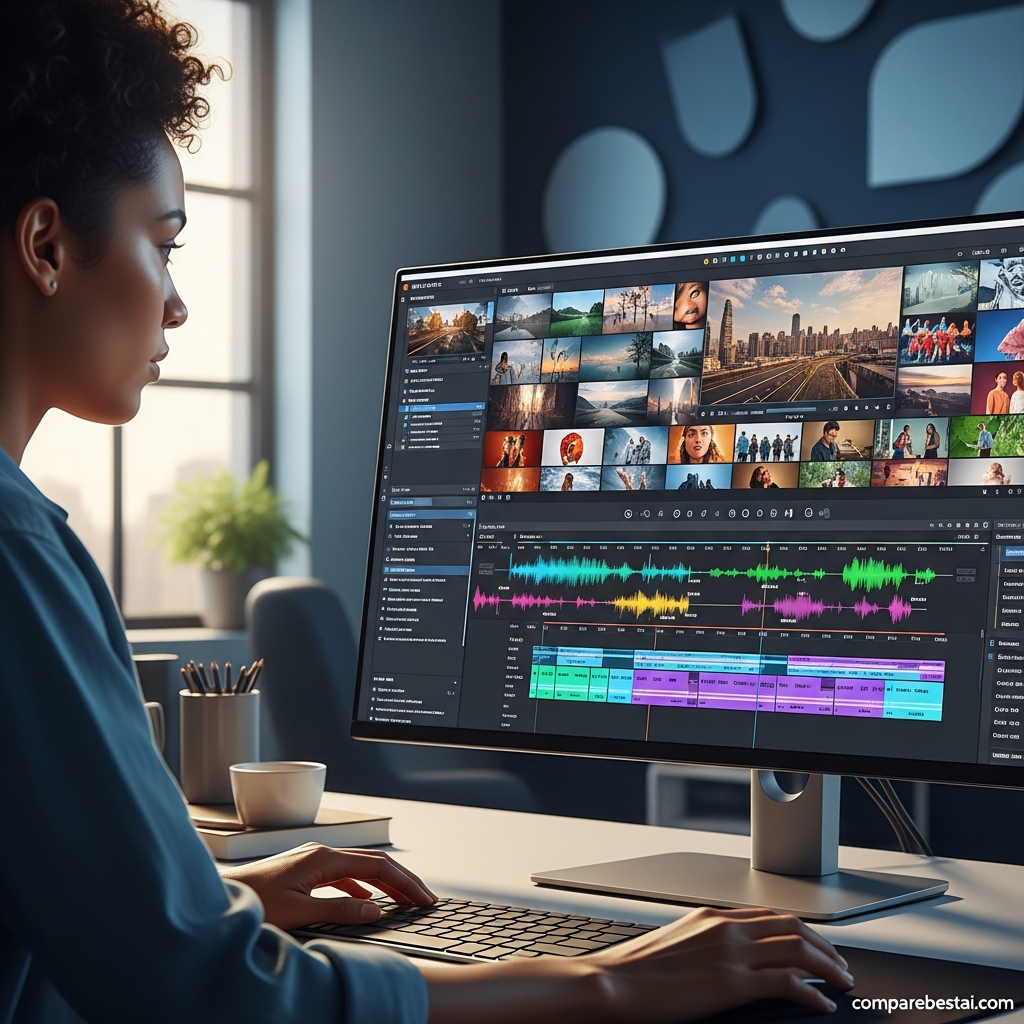 Motion Element interface featuring stock video, sound effects, and music assets for commercial use.