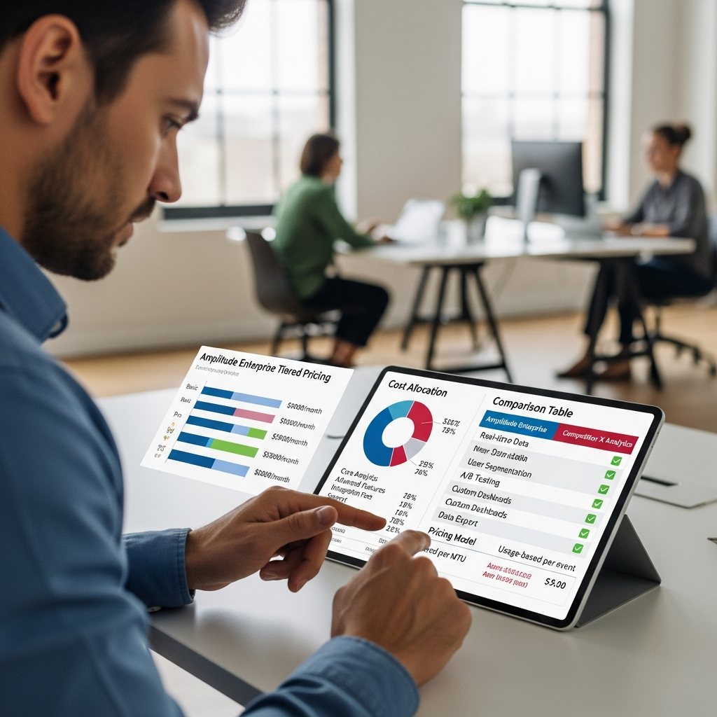 Visual summary of key features included with Amplitude Enterprise plans, such as AI analytics, security, collaboration, and integrations.