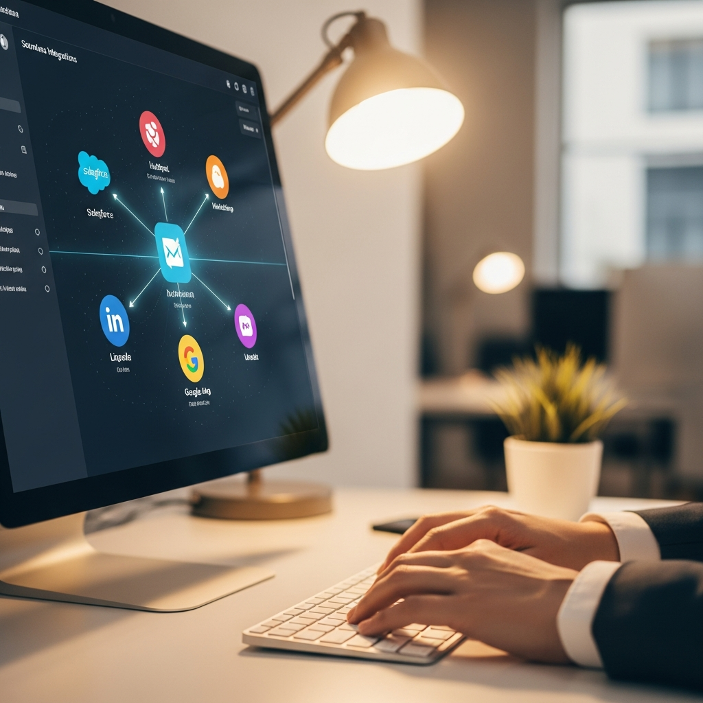 Graphic listing key CRM, marketing, and workflow integrations supported by ZoomInfo features for business teams