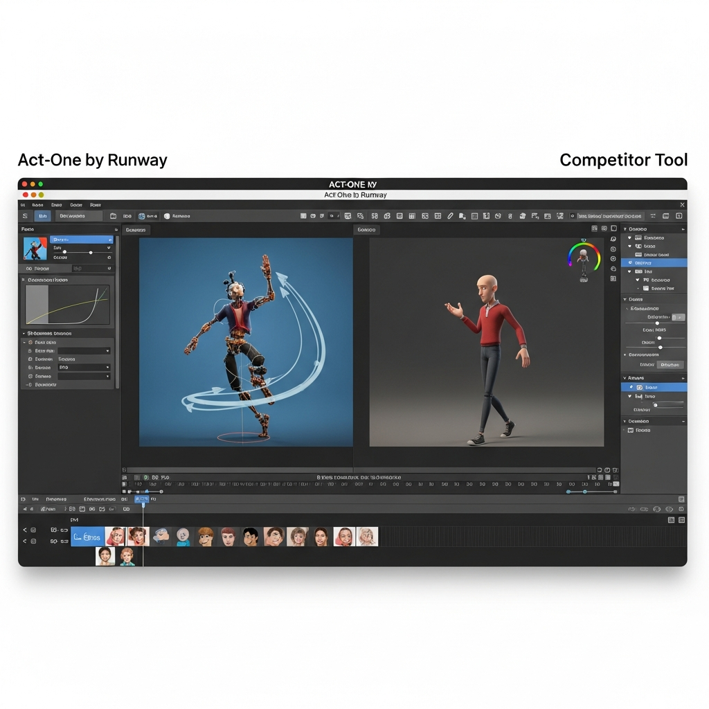 Explanation graphic for Act-one By Runway as an AI-powered video-to-animation tool, showing steps from video upload to character animation output.