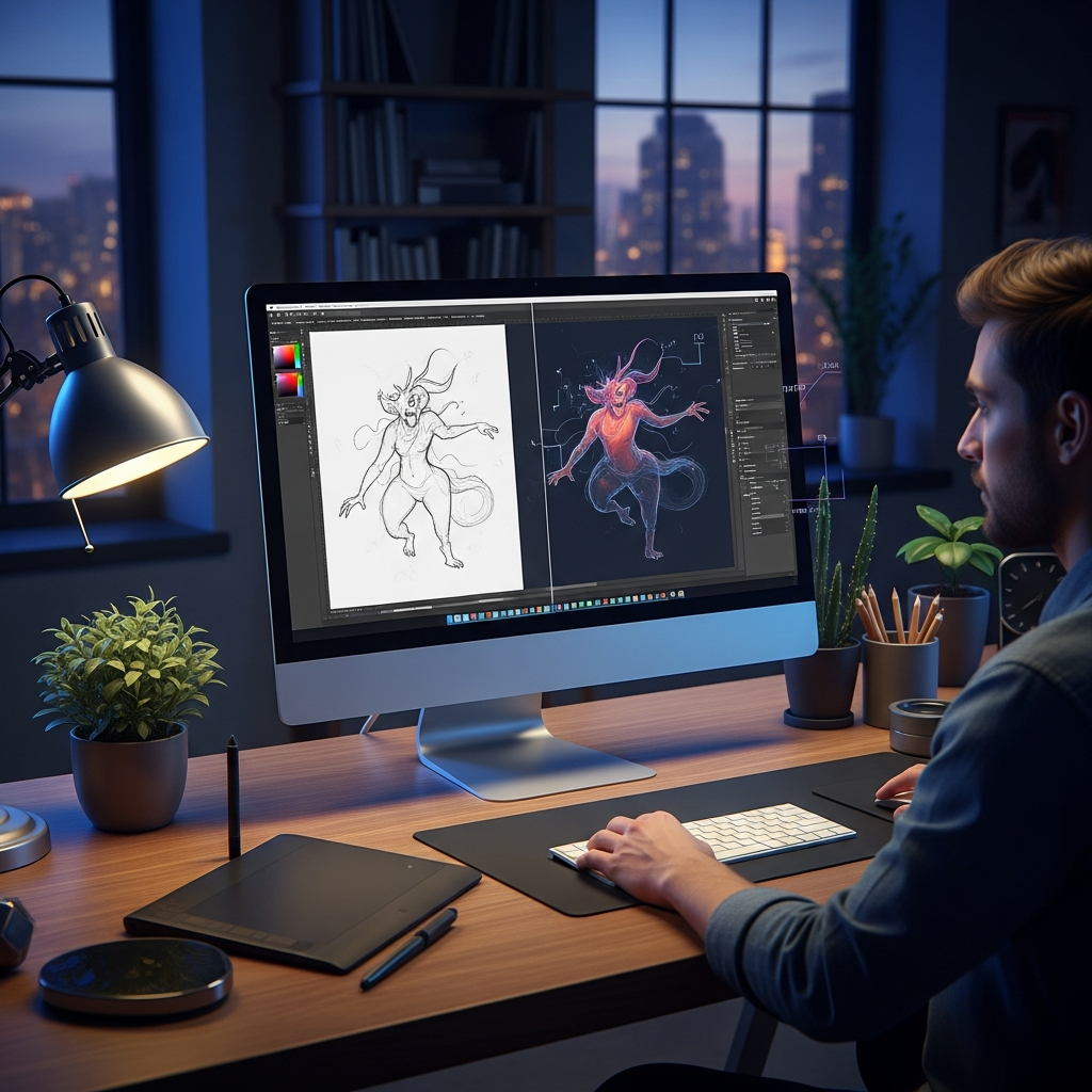 Screenshot of ArtFlow AI digital art interface illustrating brush and color tools. Focused on painting and illustration features.
