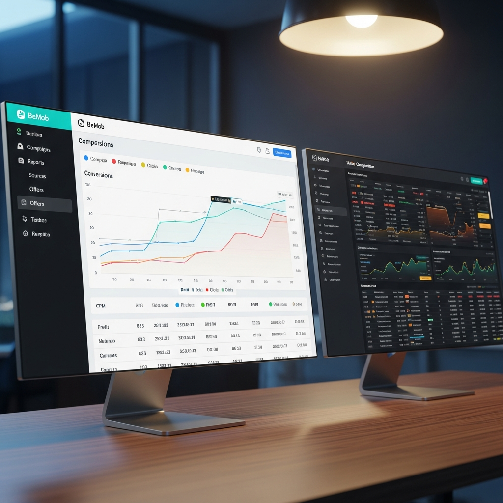 Screenshot of BeMob's dashboard showing real-time ad tracking, campaign management, and reporting features for affiliate marketers in 2026