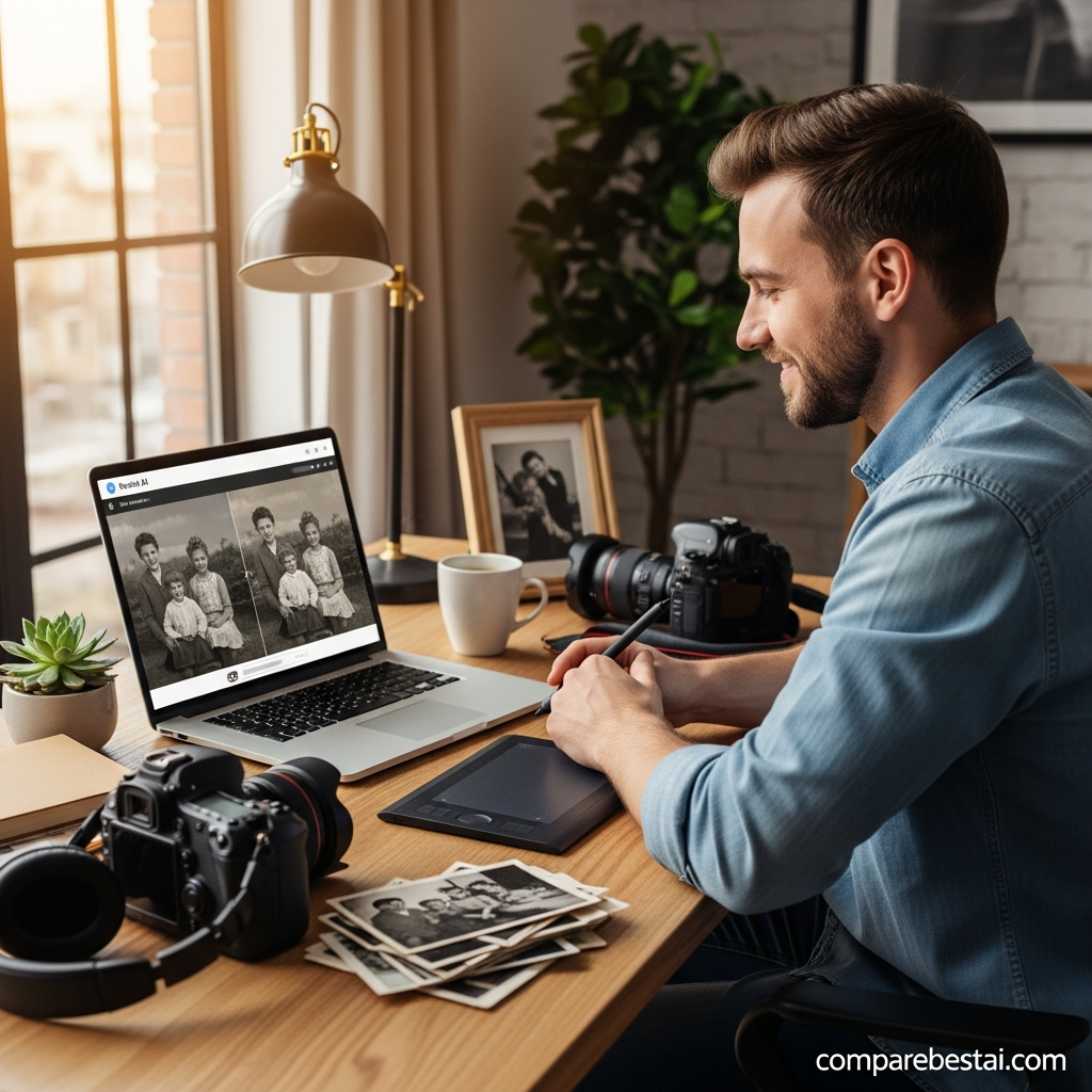 Diagram showing how Remini AI restores, sharpens, and colorizes low-quality photos and videos with machine learning models.