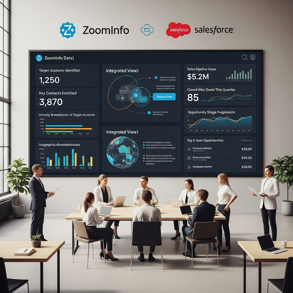 Diagram showing how zoominfo salesforce integration synchronizes contacts and accounts between ZoomInfo and Salesforce CRM for sales teams